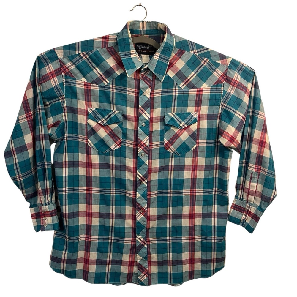 Wrangler Cowboy Cut Shirt Mens 17.5-36 X-Long Tails Plaid Pearl Snap Western USA